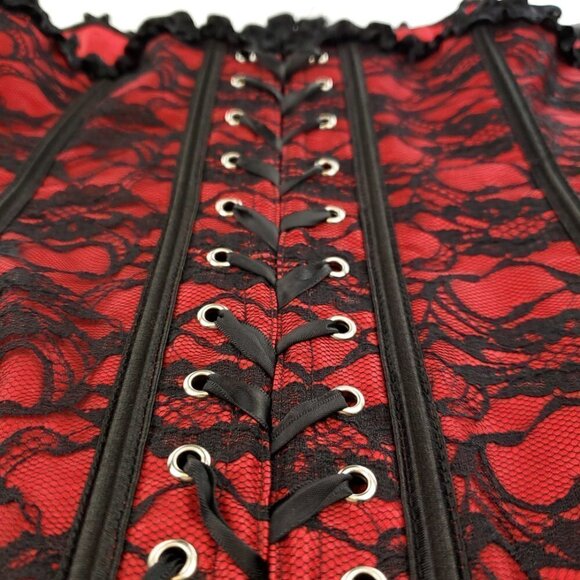 Red Black Corset Floral Lace Bows Boudoir Burlesque Lingerie Plus Size 5XL - Picture 5 of 12